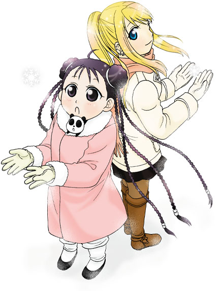 animal animal_in_clothes aotsuki_ran back-to-back black_hair blonde_hair blue_eyes braid double_bun fullmetal_alchemist gloves may_chang multiple_girls pantyhose snowflakes winry_rockbell xiao-mei