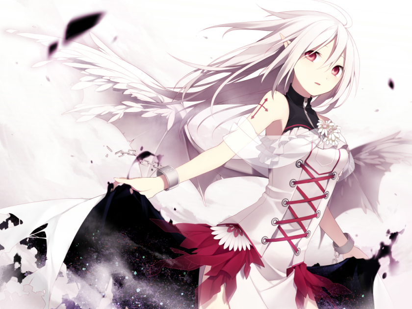 bare_shoulders cross dress flower hijiri_(resetter) long_hair looking_at_viewer md5_mismatch original pointy_ears red_eyes shirt solo white_shirt wings