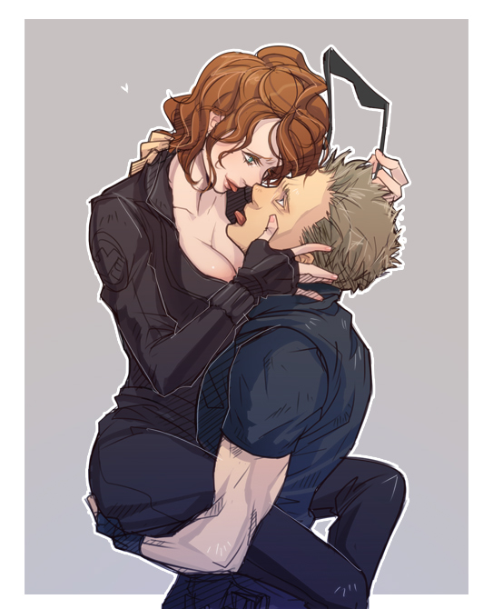 1boy 1girl ass ass_grab avengers black_widow black_widow_(marvel) bodysuit breasts clint_barton couple eye_contact hand_on_ass hawkeye_(marvel) large_breasts looking_at_another marvel mcu natasha_romanoff red_hair short_hair sunglasses
