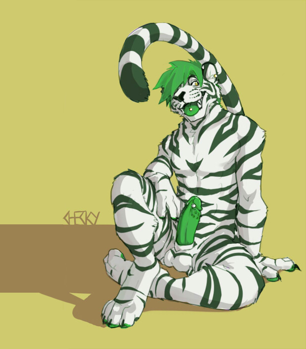 abs anthro balls barbs biceps body_markings checky claws digitigrade ear_piercing erection feline fur genital_piercing green_hair green_penis green_tongue hair hindpaw male mammal markings muscles nude open_mouth paws pecs penis penis_piercing piercing plain_background pose presenting raised_tail sheath sitting solo stripes tiger toes tongue tongue_piercing unknown_artist white_fur yellow_eyes