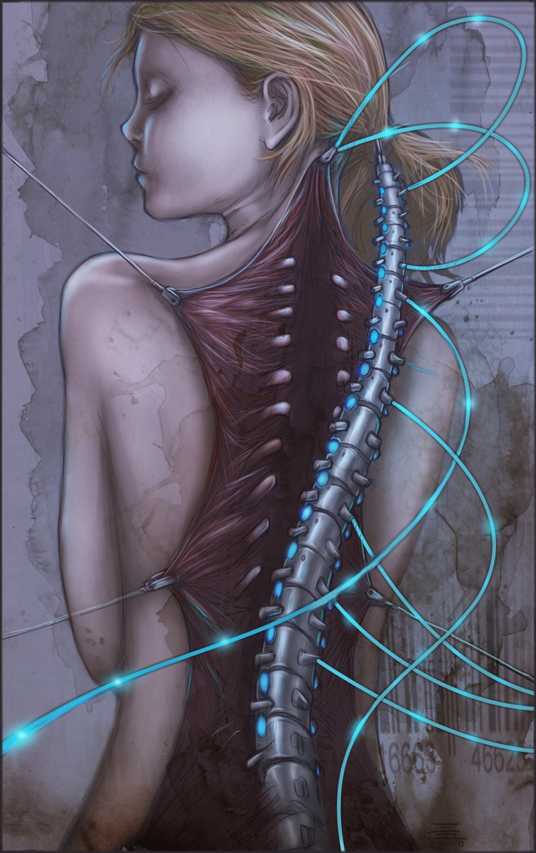 1girl brown_hair cables cyborg dissection eyes_closed long_hair metal scar spine