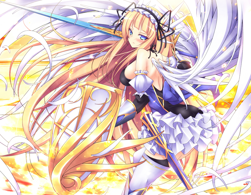 angel_wings bad_id bad_pixiv_id bare_shoulders blonde_hair blue_eyes blush breasts feathers frills gauntlets large_breasts large_wings long_hair maid_headdress mikan_(5555) otome_tensei_grimoire_den scabbard sheath shield sideboob solo sword thighhighs very_long_hair weapon white_legwear white_wings wings
