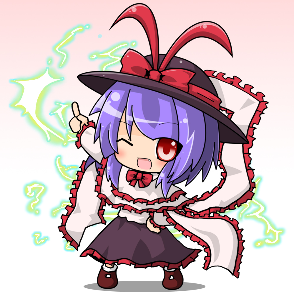 blush bow capelet chibi electricity fang hand_on_hip hat hat_bow nagae_iku open_mouth purple_hair red_eyes ribbon saturday_night_fever scarf seputok0904 short_hair skirt smile solo touhou
