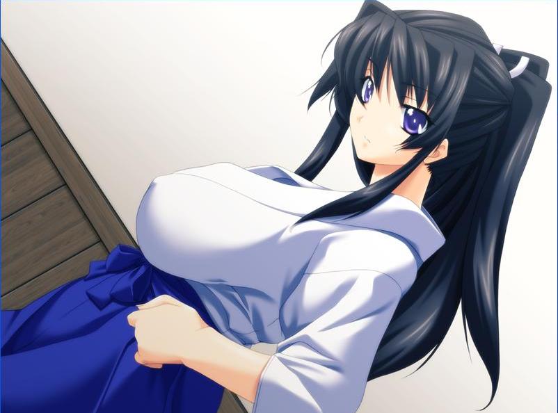 1girl black_hair blue_eyes breasts cleavage huge_breasts large_breasts long_hair pururun_cafe solo sumeragi_kohaku takeuchi_narumi very_long_hair