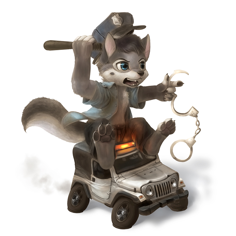canine chibi club cute fur grey_fur handcuffs hat jeep male mammal plain_background police_baton police_hat police_officer police_uniform policeman shackles silverfox5213 solo vehicle weapon white_background wolf