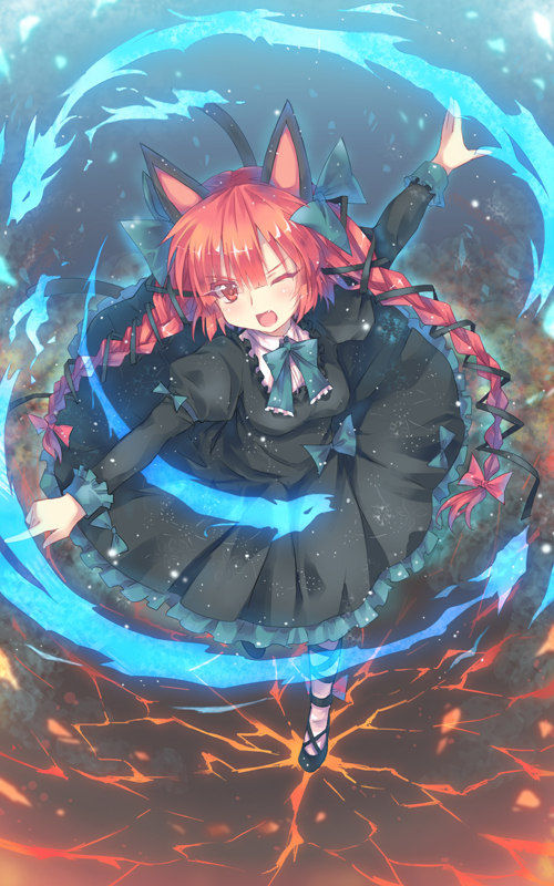 :d animal_ears blush bow braid cat_ears cat_tail dress fang hair_bow kaenbyou_rin long_hair looking_at_viewer multiple_tails north_abyssor one_eye_closed open_mouth outstretched_arms red_eyes red_hair smile solo tail touhou twin_braids twintails white_legwear