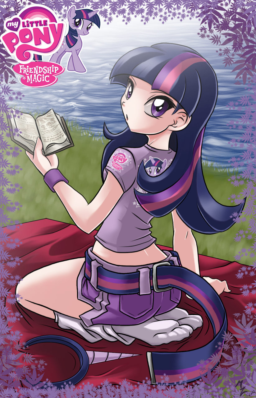 2012 arm_support bangs belt blunt_bangs book copyright_name cutie_mark dated from_behind hairband hairband_removed highres horn logo looking_at_viewer looking_back loose_socks mauroz midriff multicolored_hair my_little_pony my_little_pony_friendship_is_magic ocean open_mouth parted_lips personification pink_hair pony purple_eyes purple_hair seiza shorts signature sitting socks solo streaked_hair twilight_sparkle two-tone_hair wristband