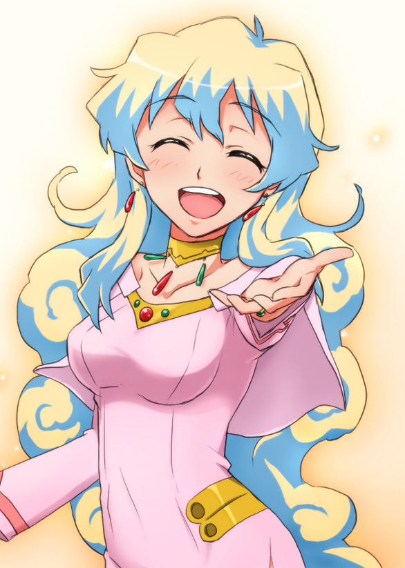 cloud_hair dress happy jewelry long_hair multicolored_hair nia_teppelin older outstretched_hand pink_dress solo supinosu tengen_toppa_gurren_lagann two-tone_hair