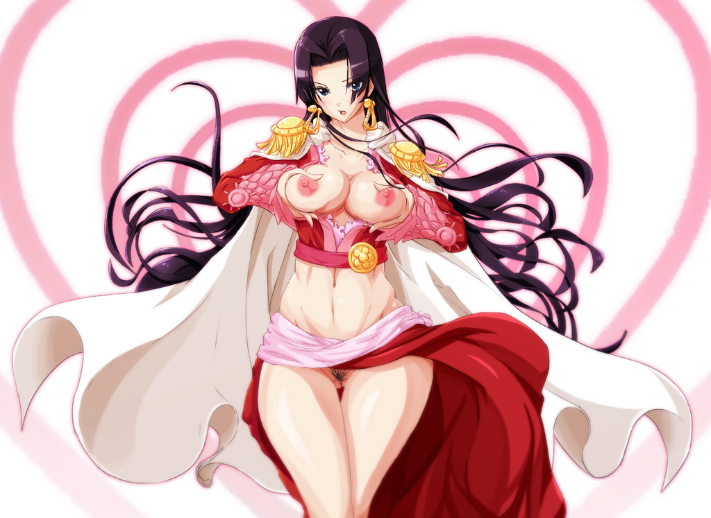 abs amazon black_hair blue_eyes boa_hancock breast_squeeze breasts breasts_outside cape earrings epaulettes eyes_visible_through_hair hair_intakes jeibii jewelry large_breasts long_hair looking_at_viewer midriff navel nipples no_panties one_piece open_clothes pubic_hair snake_earrings solo very_long_hair