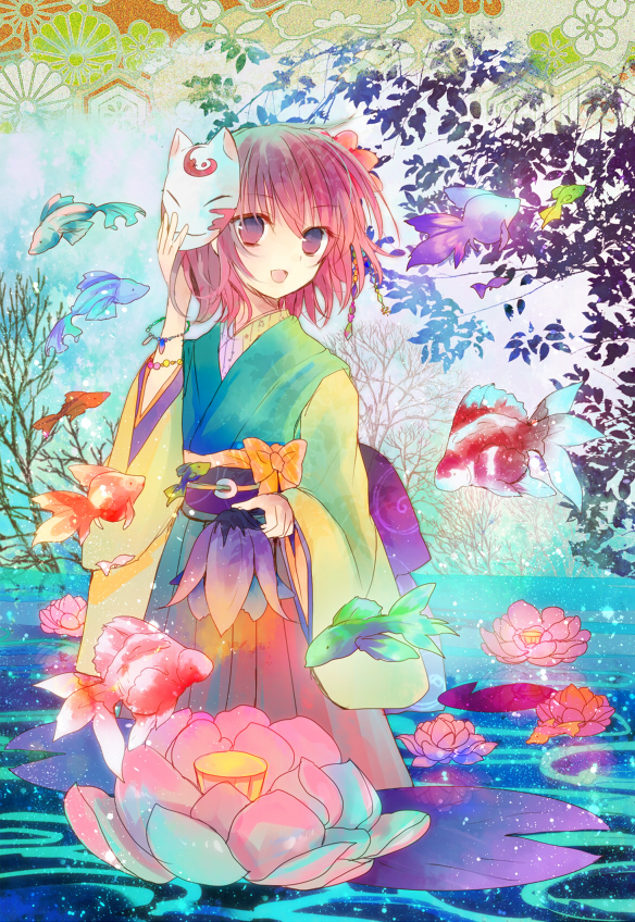 :d fish flower hieda_no_akyuu kazu_(muchuukai) noh_mask open_mouth pink_hair short_hair smile solo touhou