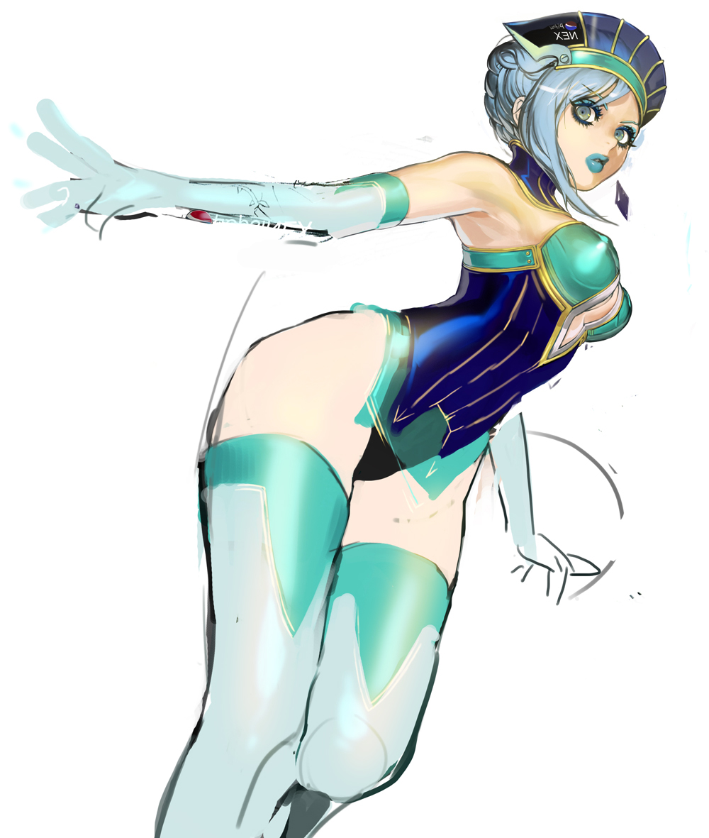 bare_shoulders blue_eyes blue_hair blue_rose_(tiger_&amp;_bunny) elbow_gloves gloves hat karina_lyle lipstick makeup mey88 see-through short_hair solo thighhighs tiger_&amp;_bunny transparent_breasts_pads work_in_progress