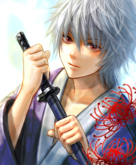 flower gintama haru_(toyst) japanese_clothes katana male_focus sakata_gintoki sheath sheathed silver_hair solo spider_lily sword weapon younger