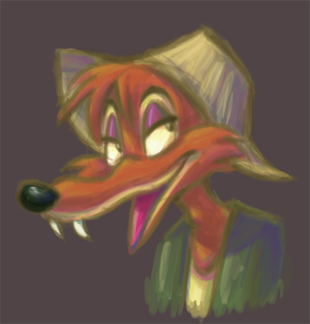 black_nose br'er_fox brer_fox brown_background bust_portrait canine clothing digital_painting_(art) disney eyeshadow fangs fox front_view fur green_outerwear hair half-closed_eyes hat jacket junosunderland looking_back looking_up makeup male mammal open_mouth orange_fur orange_hair plain_background portrait shirt snout solo song_of_the_south three-quarter_view white_headwear yellow_topwear