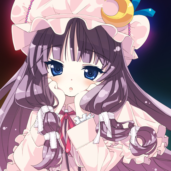 :o alternate_eye_color blue_eyes brooch capelet crescent hair_ribbon hands_on_own_face hat jewelry long_hair long_sleeves patchouli_knowledge pearl purple_hair ribbon solo touhou tress_ribbon tsukigami_runa