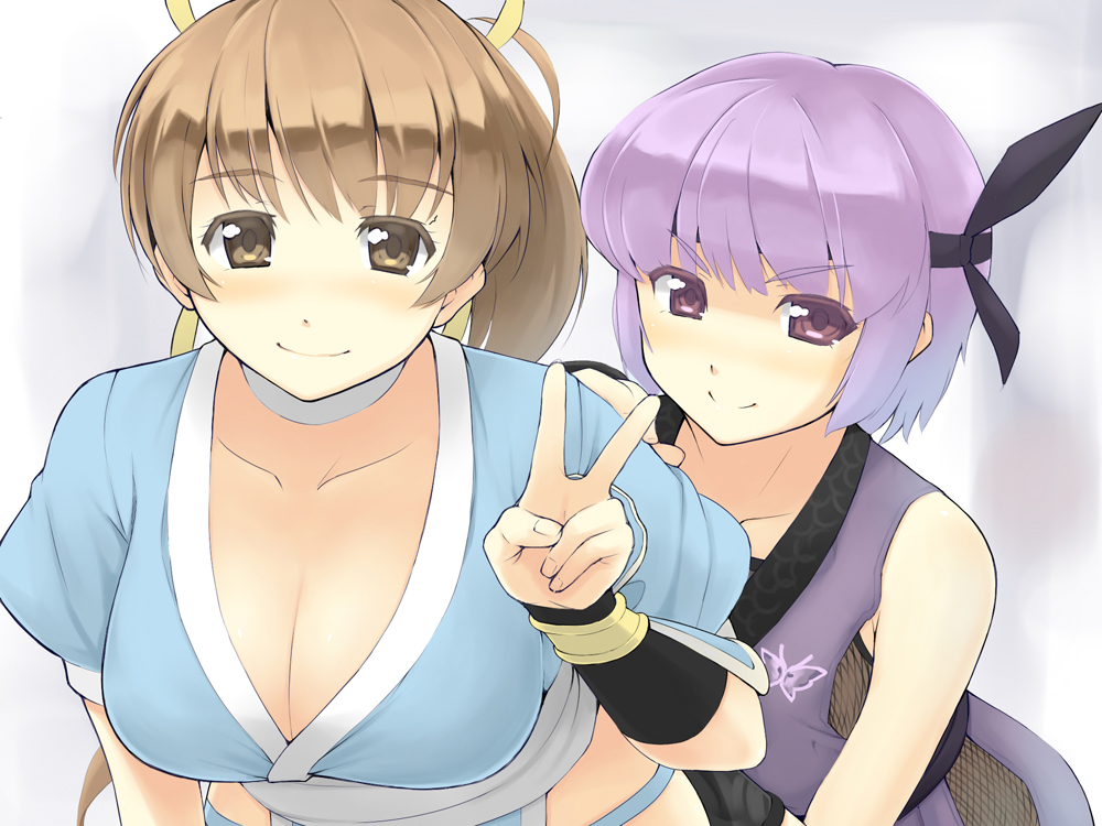 2girls ayane ayane_(doa) bent_over blush breasts brown_eyes brown_hair cleavage crazy-nobleman dead_or_alive kasumi kasumi_(doa) large_breasts leaning_forward long_hair multiple_girls ninja ponytail purple_eyes purple_hair ribbon short_hair siblings simple_background sisters sleeveless smile tecmo v white_background