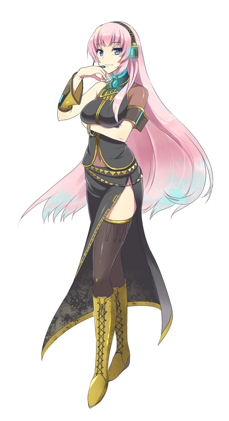 bare_shoulders black_legwear blue_eyes boots breasts detached_sleeves full_body headset highres large_breasts long_hair megurine_luka navel pink_hair pochi_(pochi-goya) simple_background solo thighhighs thighs vocaloid