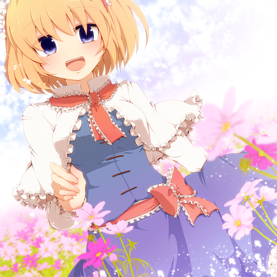:d alice_margatroid aoi_(annbi) blonde_hair blue_eyes blush bow capelet cosmos_(flower) flower hairband looking_at_viewer open_mouth short_hair skirt smile solo touhou