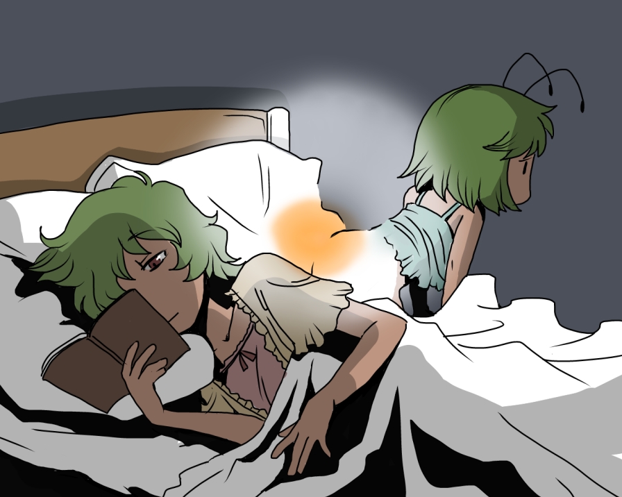 alternate_costume antennae bed blanket book green_hair kazami_yuuka light lying multiple_girls mundane_utility on_side onikobe_rin open_book pillow reading red_eyes short_hair touhou under_covers wriggle_nightbug