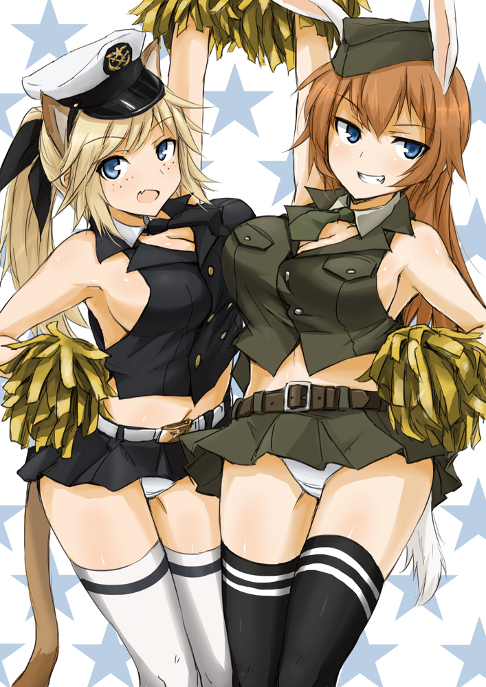 animal_ears armpits bad_id bad_pixiv_id belt black_legwear bunny_ears charlotte_e_yeager cheerleader commentary dakku_(ogitsune) fang freckles hands_up hat katharine_ohare long_hair midriff multiple_girls navel orange_hair panties peaked_cap strike_witches tail thighhighs underwear uniform white_legwear white_panties world_witches_series