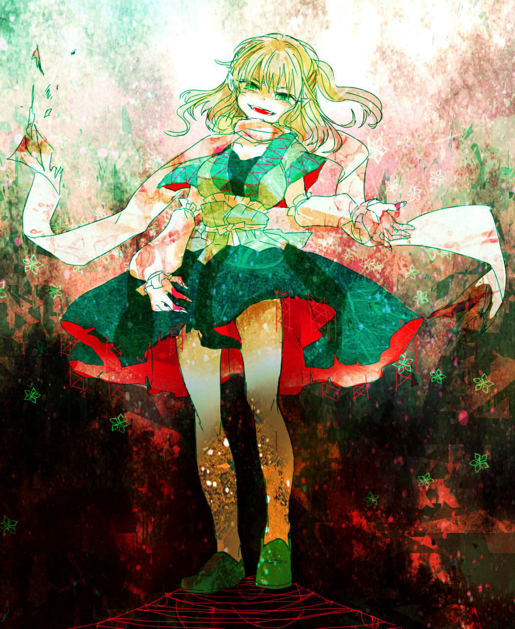 arm_warmers bad_id bad_pixiv_id blonde_hair claws dress evil_smile green_eyes highres mizuhashi_parsee open_mouth pointy_ears scarf shimana_(cs-ts-az) smile solo touhou