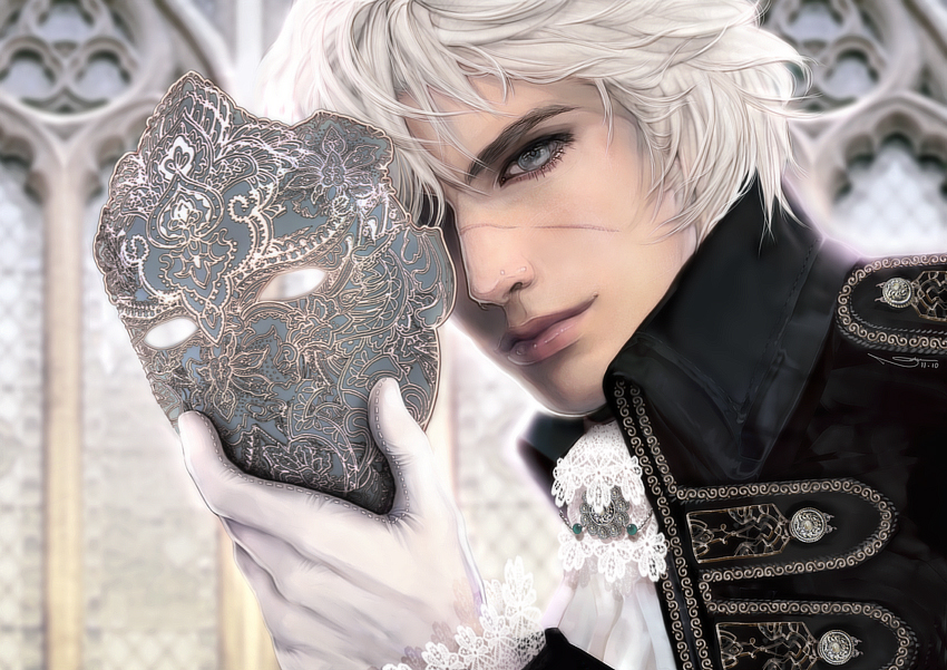 blue_eyes blurry depth_of_field face gloves grey light_smile lips looking_at_viewer male_focus mask negshin original photorealistic scar silver_hair solo white window