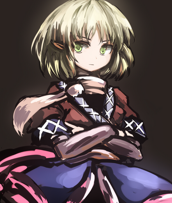 bad_id bad_pixiv_id blonde_hair crossed_arms dress frown green_eyes juuki_taira mizuhashi_parsee pointy_ears scarf solo touhou