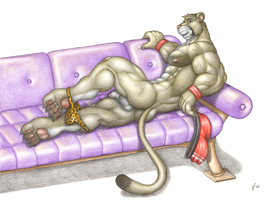anthro balls biceps big_muscles braford clothing cougar feline flaccid fur inviting leopard_print looking_at_viewer lying male mammal muscles nipples nude on_back on_side pecs penis pose reclining relaxing shorts sofa solo speedo sweatband swimsuit thong uncut underwear undressing vein veins