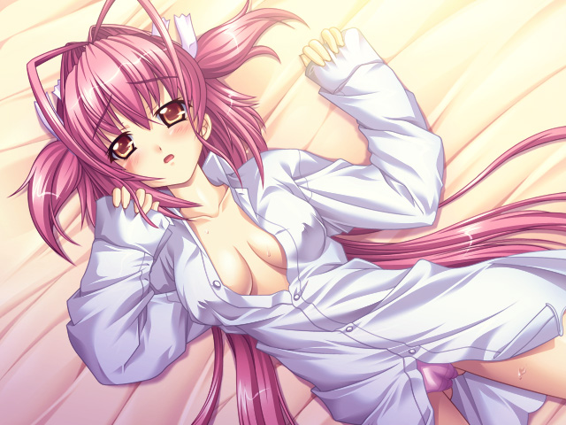 1girl bed blush breasts cosplay_alien larfa long_hair lying