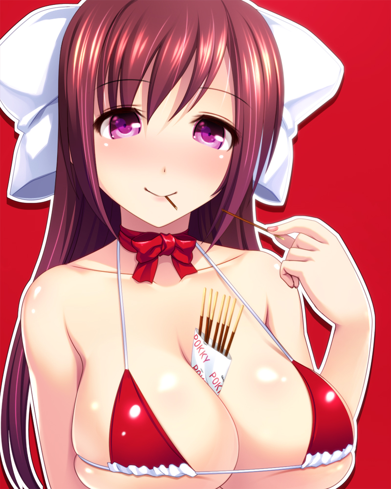 bare_shoulders between_breasts bikini_top blush body_blush bow breasts brown_hair choker cleavage collarbone eating food hair_bow holding large_breasts long_hair looking_at_viewer mouth_hold open_mouth original pocky purple_eyes red_background red_hair ribbon_choker shiny shiny_skin simple_background skindentation smile solo swimsuit totokichi underwear