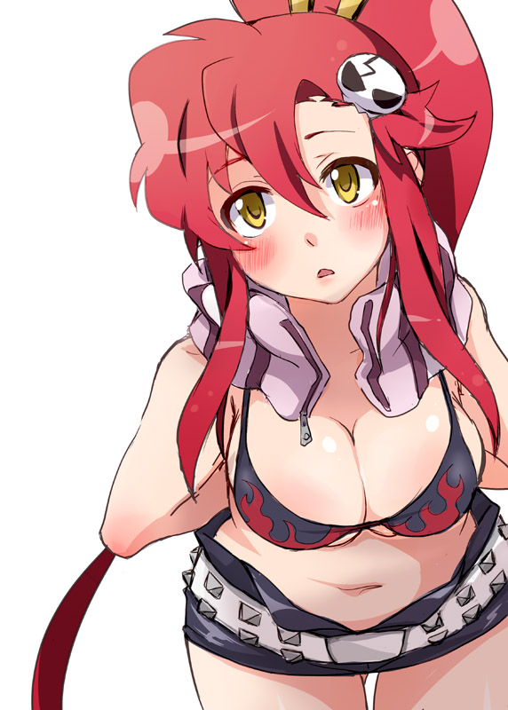 bikini_top blush breasts cleavage hair_ornament large_breasts long_hair looking_at_viewer navel open_mouth ponytail red_hair scarf short_shorts shorts simple_background skull_hair_ornament solo suika_soda tengen_toppa_gurren_lagann white_background yellow_eyes yoko_littner