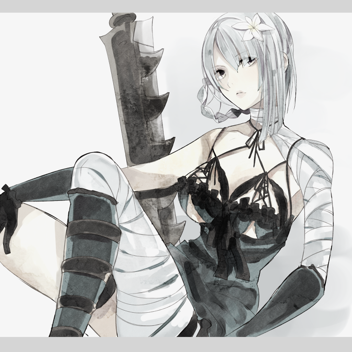 bad_id bad_pixiv_id bandages breasts flower hair_flower hair_ornament kaine_(nier) kinatsu_souju large_breasts looking_at_viewer nier nier_(series) short_hair solo sword weapon