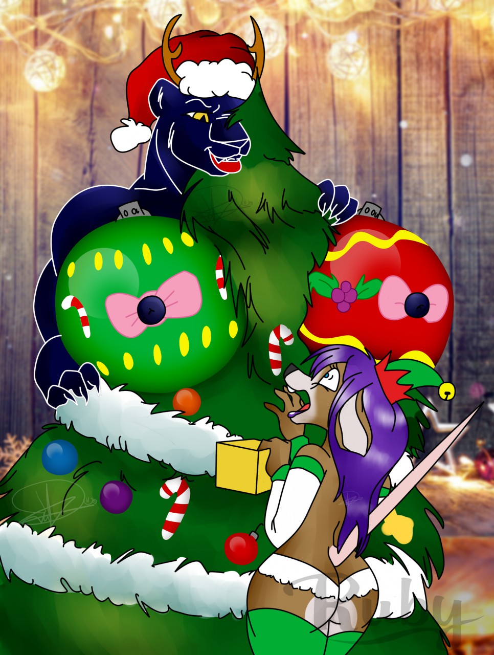 anthro antlers balls big_breasts breasts butt candy candy_cane cat christmas christmas_tree clothed clothing digital_media_(artwork) duo ember_black feline female food fur gift hair hat holidays horn huge_breasts humor joke male male/female mammal mouse muscular nipples nude one_eye_closed open_mouth pantherine purple_hair rat rodent ruby-kila santa_hat scared season smile tammy_jackson teeth thick_thighs tongue tree white_fur winter