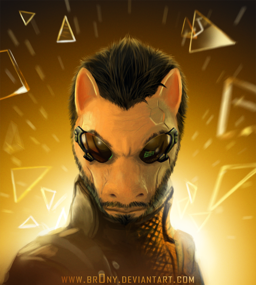 adam_jensen anthro armor augmentation beard black_hair br0ny crossover deus_ex deus_ex:_human_revolution equine eyewear facial_hair glass glasses hair horse looking_at_viewer male mammal my_little_pony pointy_ears ponification pony reflection sci-fi solo suit yellow_skin yellow_theme