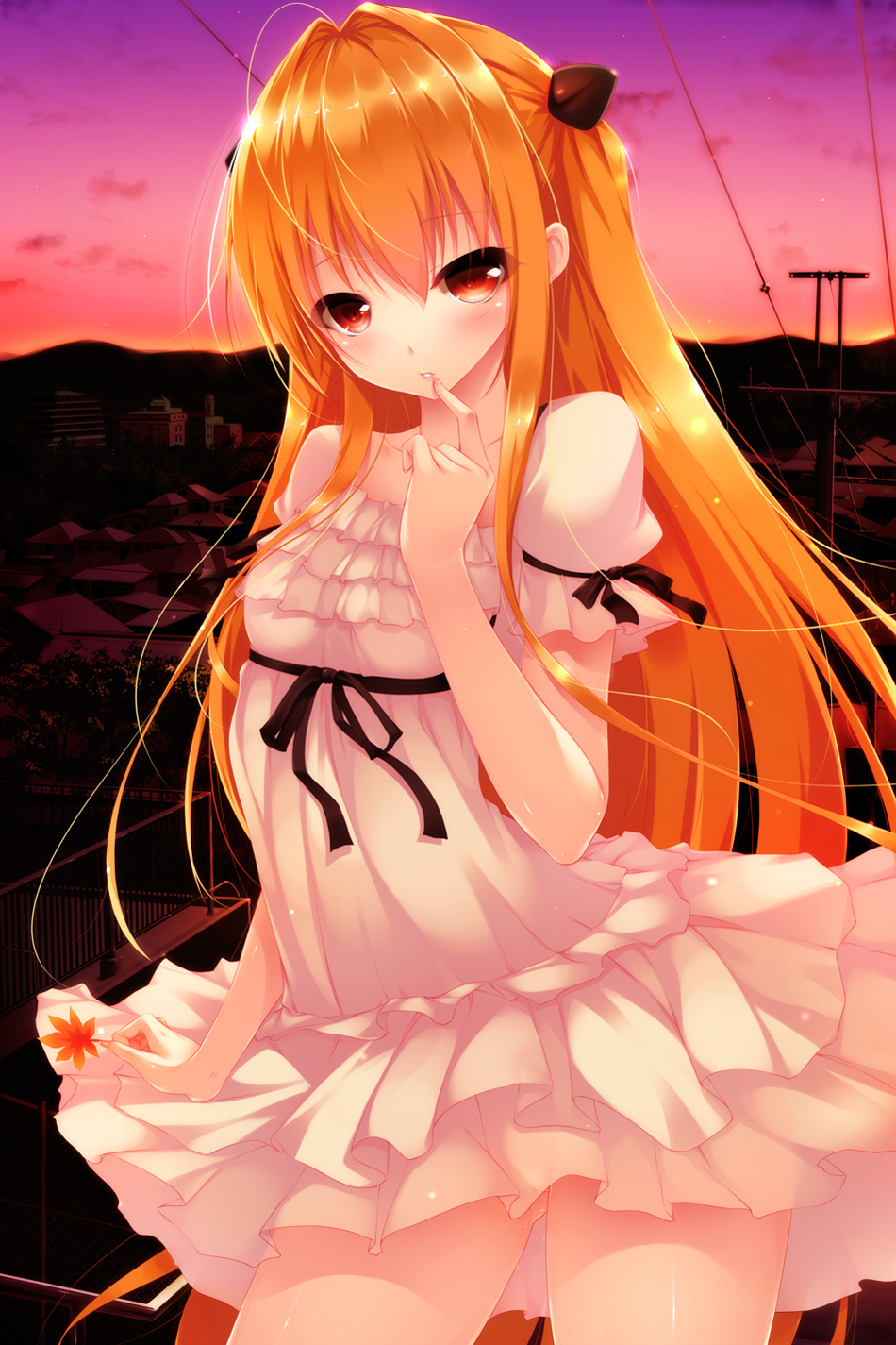 blonde_hair blush collarbone dress finger_to_mouth hair_ornament highres konjiki_no_yami long_hair looking_at_viewer red_eyes shokuyou_mogura solo sunset to_love-ru to_love-ru_darkness two_side_up