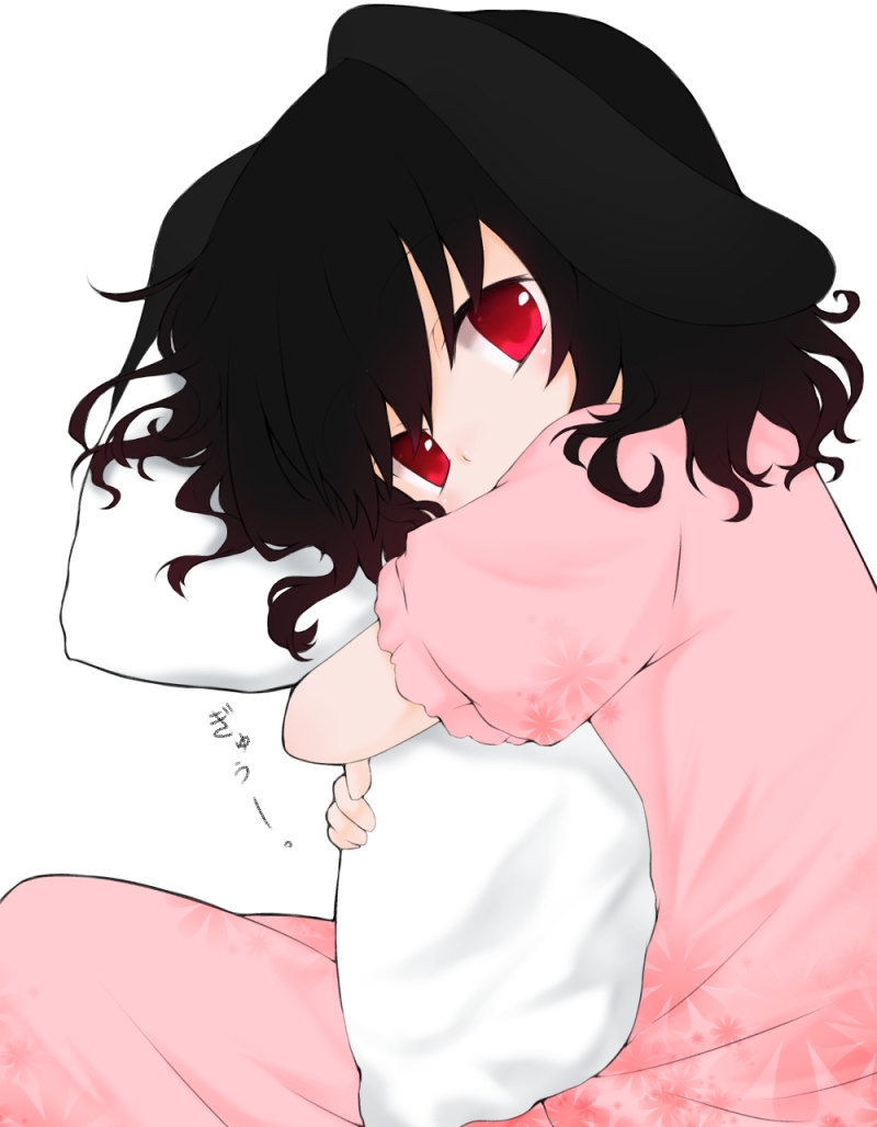 alternate_color animal_ears bad_id bad_pixiv_id black_hair blush bunny_ears dress flower hug inaba_tewi looking_at_viewer pillow pillow_hug red_eyes short_hair solo touhou umxzo