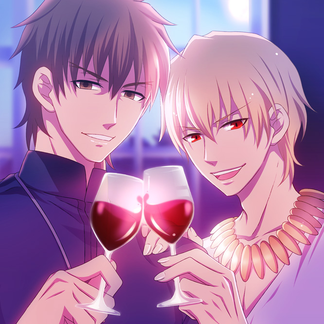 alcohol blonde_hair brown_eyes cup drinking_glass fate/zero fate_(series) gilgamesh hisohiso_(altoblue) jewelry kotomine_kirei male_focus md5_mismatch multiple_boys necklace red_eyes wine wine_glass