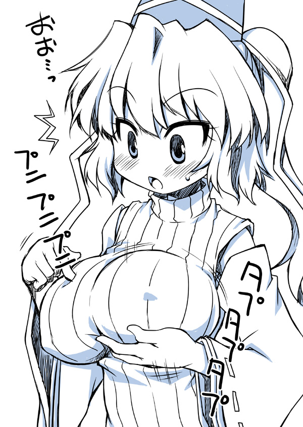 1girl :o akou_roushi blush breast_hold breasts curious detached_sleeves hat large_breasts long_hair looking_down monochrome mononobe_no_futo poking ponytail ribbed_sweater solo surprised sweatdrop sweater tate_eboshi touhou translated tsurime wide-eyed