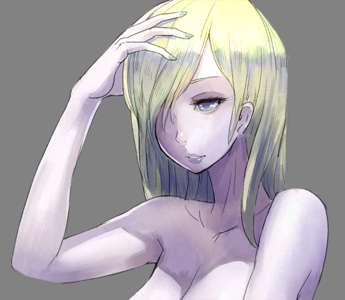 bad_id bad_pixiv_id blonde_hair blue_eyes breasts cleavage green_nails grey_background hair_over_one_eye hidezi light_smile long_hair medium_breasts nail_polish original simple_background solo topless