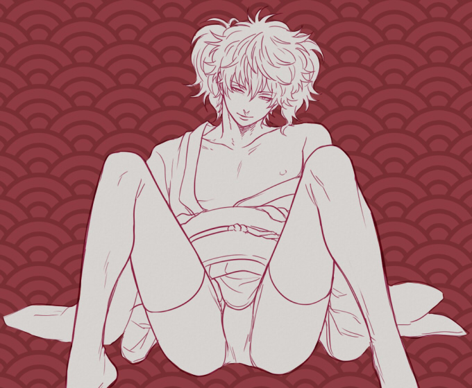 bad_id bad_pixiv_id crossdressing gintama japanese_clothes kimono male_focus monochrome sakata_gintoki seigaiha short_twintails solo spread_legs thighhighs tiga2 twintails