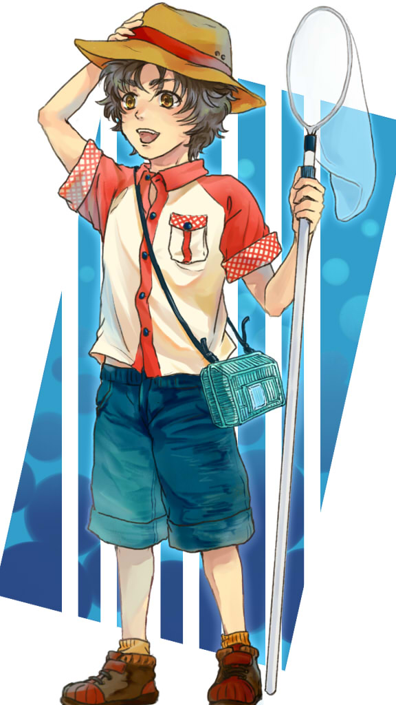 brown_eyes brown_hair butterfly_net child fedora gintama hand_net hat male_focus nijita sakamoto_tatsuma shorts solo younger