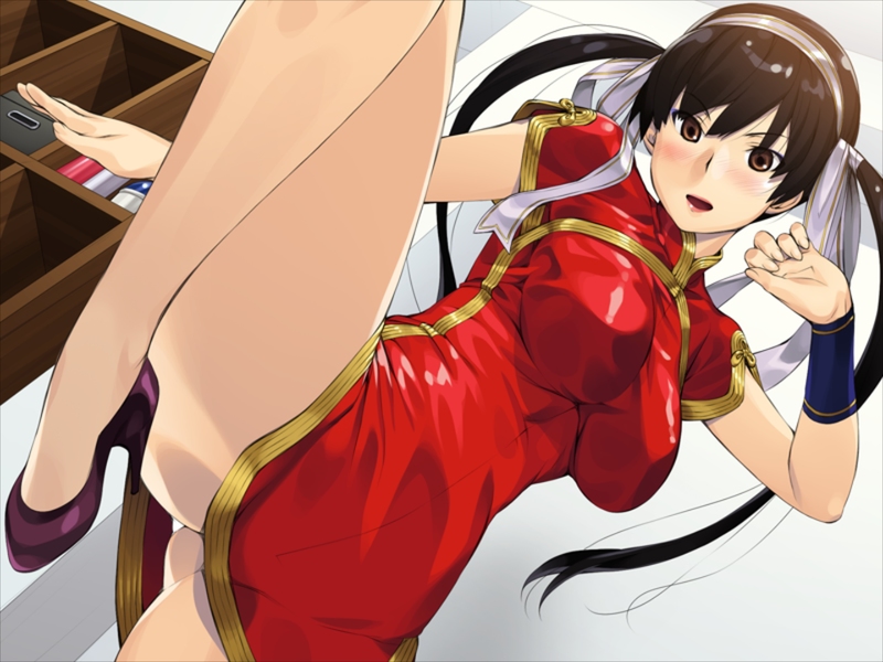 1girl black_hair blush breasts brown_eyes chinese_clothes game_cg hair_ornament high_heels indoors legs_up long_hair looking_at_viewer open_mouth shima_ushitora solo thighhighs twintails
