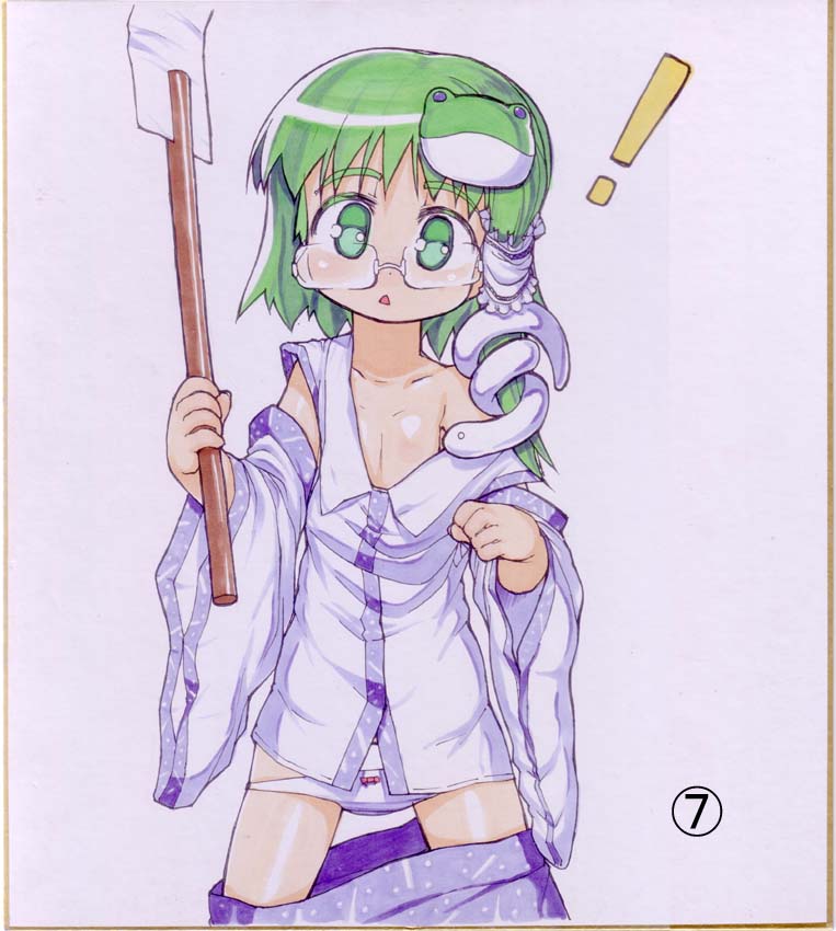 1girl age_regression bespectacled detached_sleeves frog_hair_ornament glasses green_eyes green_hair hair_ornament hair_tubes holding kawamura_tenmei kochiya_sanae long_hair looking_at_viewer marker_(medium) millipen_(medium) off_shoulder oversized_clothes panties panty_pull shikishi skirt skirt_pull snake solo touhou traditional_media underwear white_panties younger