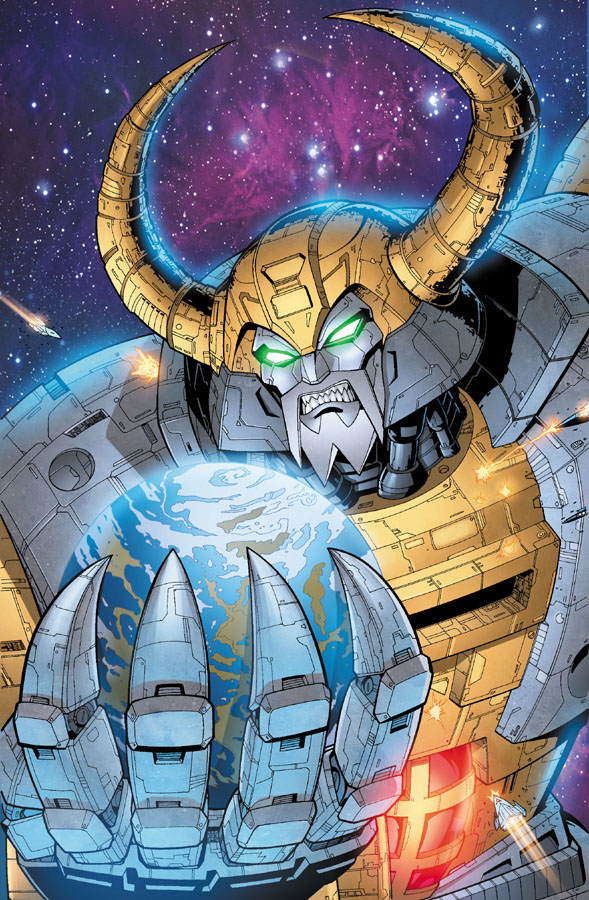 claws earth facial_hair giant glowing glowing_eyes green_eyes horns metal planet robot space_craft space_ships teeth transformers unicron