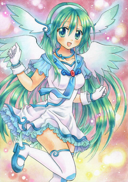 bad_id bad_pixiv_id dress gloves green_eyes green_hair hatsune_miku head_wings jewelry leg_lift long_hair marker_(medium) mary_janes muraten necklace open_mouth shoes solo thighhighs traditional_media very_long_hair vocaloid wings