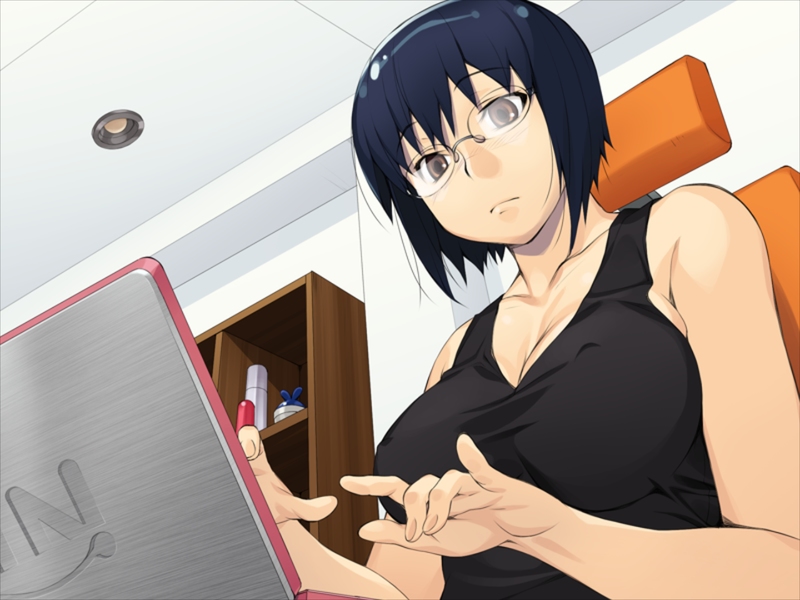1girl blue_hair breasts brown_eyes cleavage computer erect_nipples from_below game_cg glasses indoors laptop large_breasts looking_down notebook serious shima_ushitora short_hair sitting skindentation solo tank_top typing