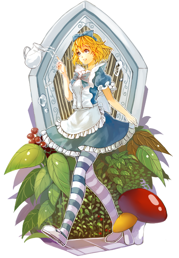 alice_margatroid alice_margatroid_(pc-98) blonde_hair blue_eyes bow dress hairband leaf mushroom outline pantyhose short_hair smile solo striped striped_legwear touhou touhou_(pc-98) vetina walking