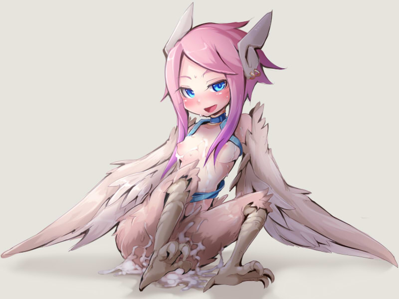 bangs blue_eyes blush breasts bukkake cum cum_on_body cum_on_breasts cum_on_upper_body dgallon earrings feathered_wings feathers gradient_hair grey_background harpy harpy_(mon-musu_quest!) jewelry looking_at_viewer medium_breasts mon-musu_quest! monster_girl multicolored_hair neck_ring nipples non-web_source pink_hair purple_hair shadow sidelocks simple_background solo source_request talons topless wings