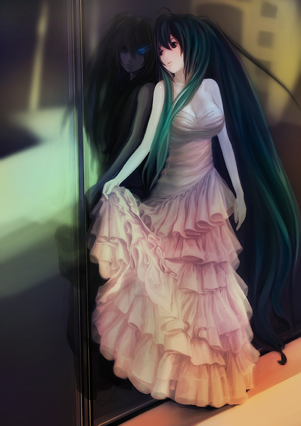 black_rock_shooter black_rock_shooter_(character) breasts cleavage different_reflection dress end_(wzjwll) hatsune_miku large_breasts long_hair multiple_girls reflection vocaloid window