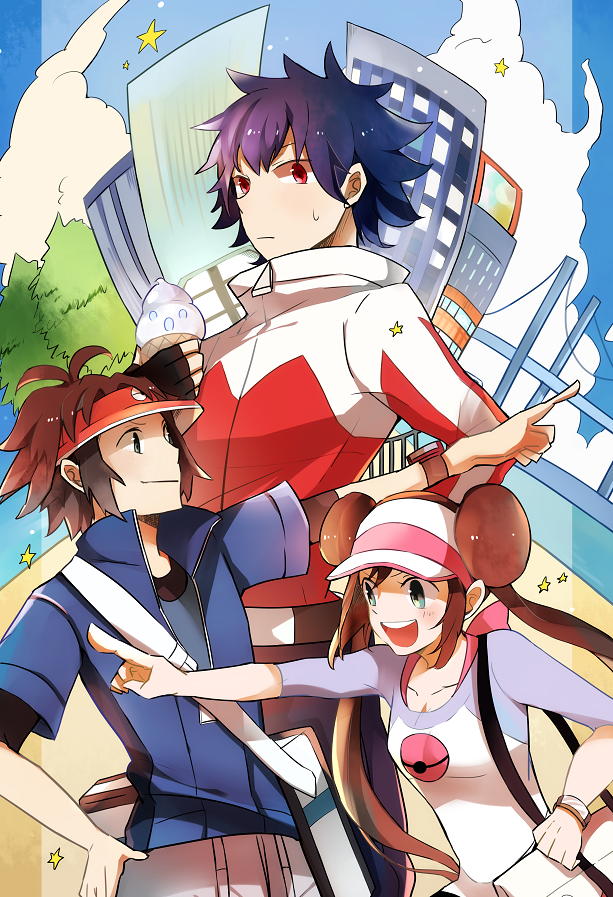 2boys bad_id bad_pixiv_id bag black_hair blue_eyes bridge brown_hair building double_bun food hue_(pokemon) ice_cream jacket kyouhei_(pokemon) leggings long_hair mei_(pokemon) multiple_boys pantyhose pointing pokemon pokemon_(game) pokemon_bw2 raglan_sleeves red_eyes short_hair shoulder_bag smile star sweatdrop tree twintails visor_cap watch wristwatch xxxceller