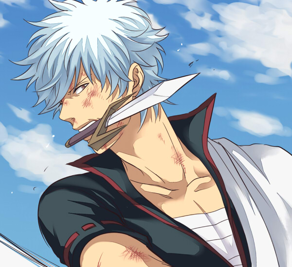 bad_id bad_pixiv_id bruise bruise_on_face day gintama injury japanese_clothes knife male_focus mouth_hold red_eyes ribbon-trimmed_sleeves ribbon_trim sakata_gintoki sarashi short_sleeves silver_hair sky solo tiga2 upper_body